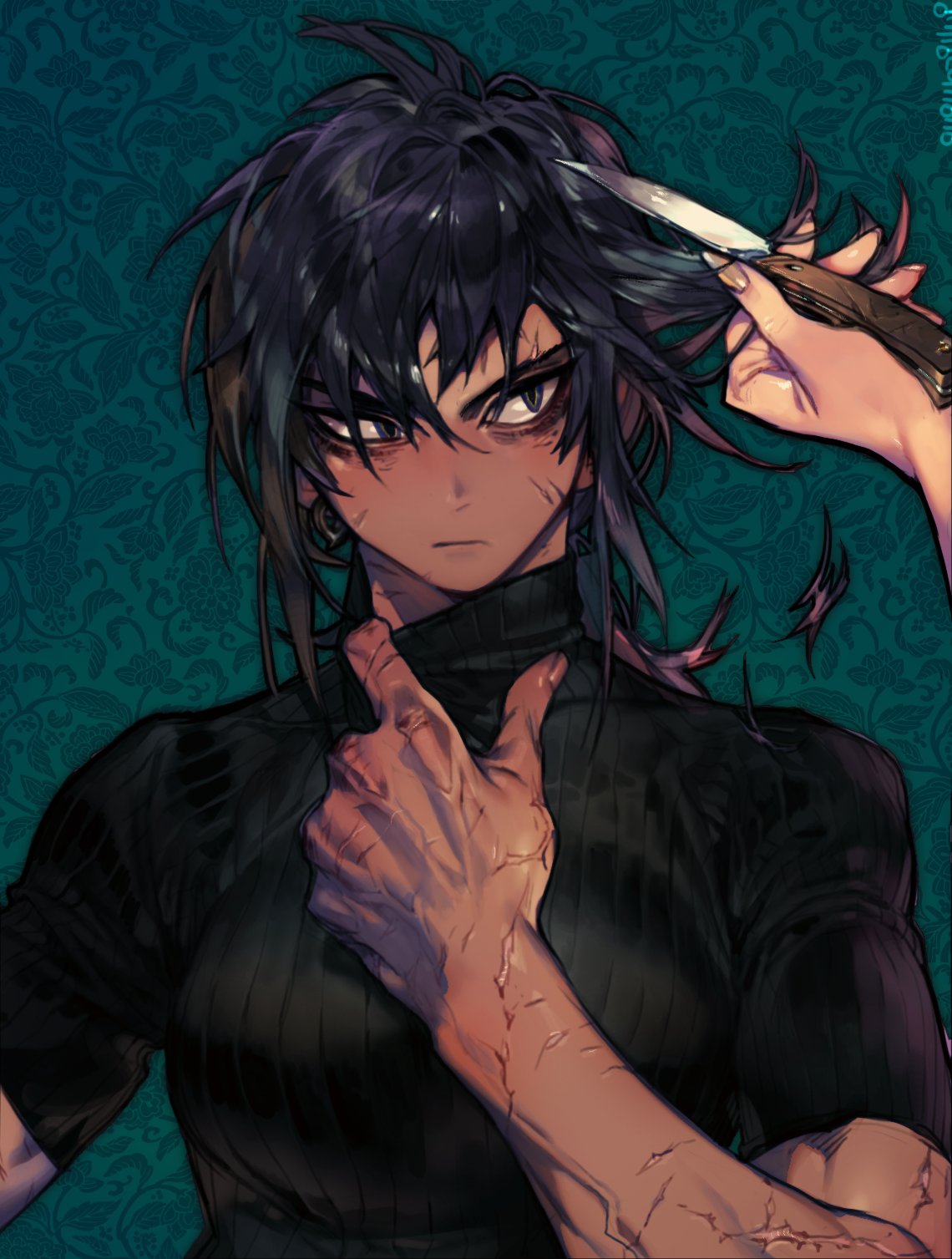 1boy, 1girl, amal_(pigeon666), black_eyes, black_hair, black_sweater, closed_mouth, cutting_hair