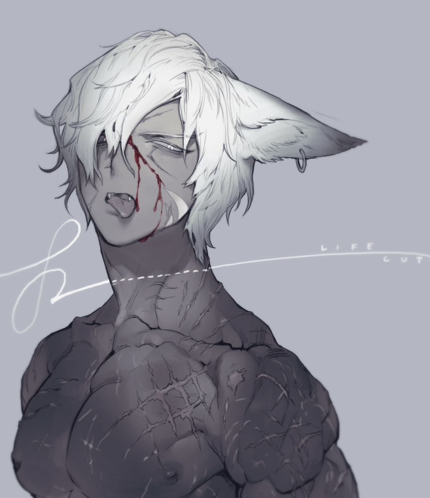 1boy, animal_ears, blood, blood_on_face, cat_ears, colored_sclera, colored_skin, ears_down
