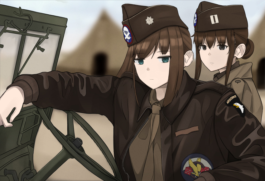 2girls, absurdres, airborne, band_of_brothers, bangs, brown_eyes, brown_hair, brown_jacket