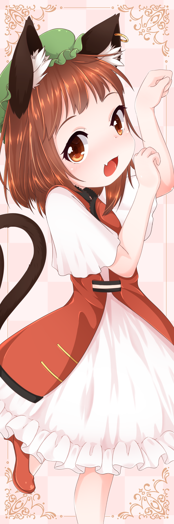 1girl, :d, animal_ears, bangs, blush, brown_eyes, brown_hair, cat_ears