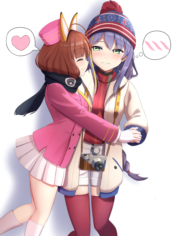 2girls, animal_ears, beige_jacket, biei_nanako, black_scarf, blonde_hair, blue_hair, blush, breasts, brown_hair, camera, closed_eyes, fake_animal_ears, green_eyes, hat, heart, holding_hands, hug, jacket, juujimachi_mana, medium_breasts, multicolored_hair, multiple_girls, nervous, pink_headwear, pink_jacket, red_sweater, sakura_kakumei, sakura_taisen, scarf, shorts, skirt, spoken_heart, streaked_hair, sweater, thigh-highs, thought_bubble, tr1060coupon, white_background, white_shorts, white_skirt, yuri