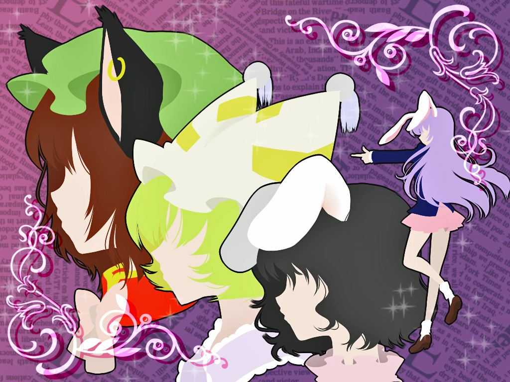 bad_apple!!, black_hair, blonde_hair, brown_hair, bunny_ears, cat_ears, chen, hat, imahia, inaba_tewi, profile, purple_hair, rabbit_ears, reisen_udongein_inaba, ribbon, saihia, short_hair, skirt, standing_on_one_leg, touhou, yakumo_ran