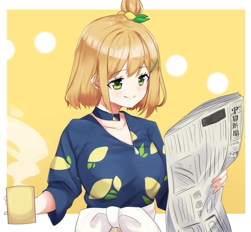 1girl, bangs, blue_shirt, blush, bow, breasts, collarbone, cup