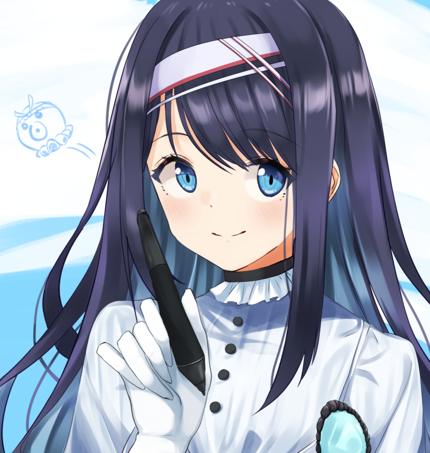 1girl, bangs, black_hair, blue_eyes, blue_shirt, blush, eyebrows_visible_through_hair, gloves