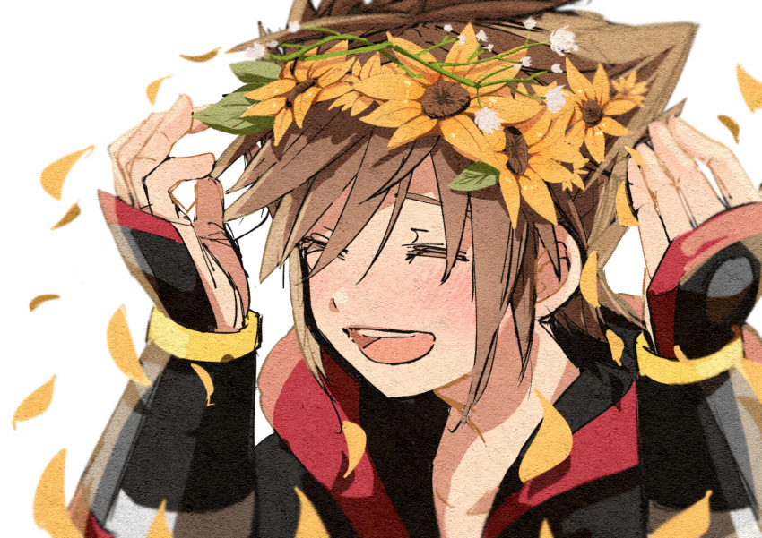 1boy, :d, blush, brown_hair, closed_eyes, eno_(enokanotan), flower, happy, head_wreath, highres, kingdom_hearts, kingdom_hearts_iii, male_focus, open_mouth, paper_texture, petals, simple_background, smile, solo, sora_(kingdom_hearts), spiky_hair, sunflower, white_background, yellow_flower