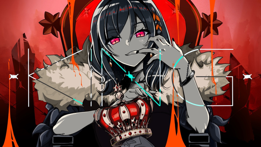 1girl, bangs, black_nails, bracelet, earrings, fur_trim, head_tilt, highres, hisashu_akari, holding_crown, hoop_earrings, jewelry, king_(vocaloid), kuitaka, medium_hair, mouth_pull, official_art, parody, pink_eyes, sitting, solo, song_name, throne, virtual_kouhou_taishi_project, virtual_youtuber