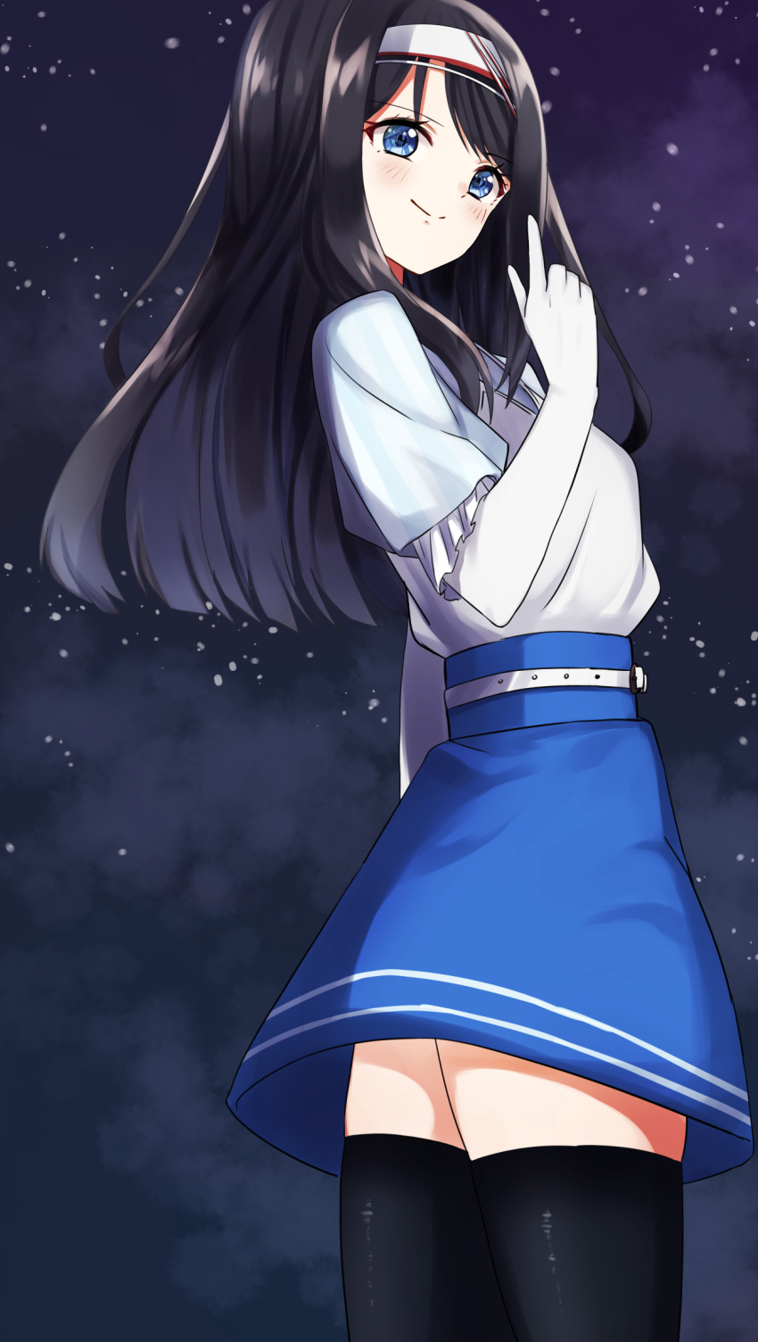 1girl, bangs, black_hair, blue_eyes, blue_shirt, blue_skirt, breasts, elbow_gloves