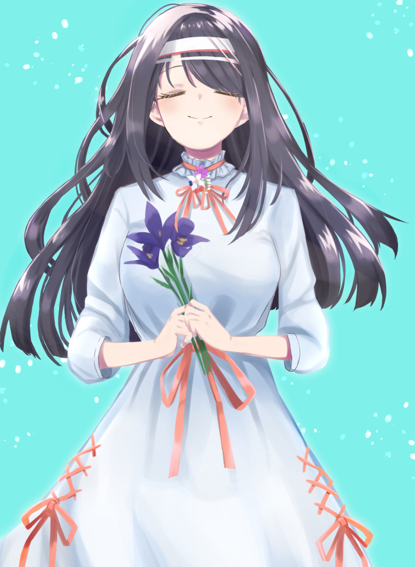 1girl, alternate_costume, bangs, black_hair, blue_background, blue_dress, blush, breasts