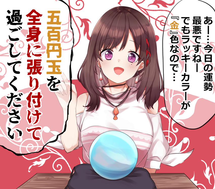 1girl, bangs, breasts, brown_hair, clothing_cutout, crystal_ball, earrings, eyebrows_visible_through_hair