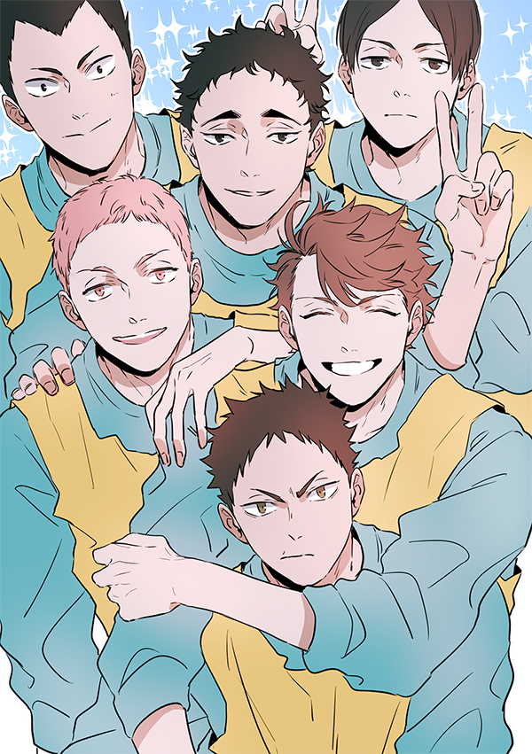 6+boys, ^_^, arm_on_shoulder, black_eyes, black_hair, brown_hair, closed_eyes, closed_mouth