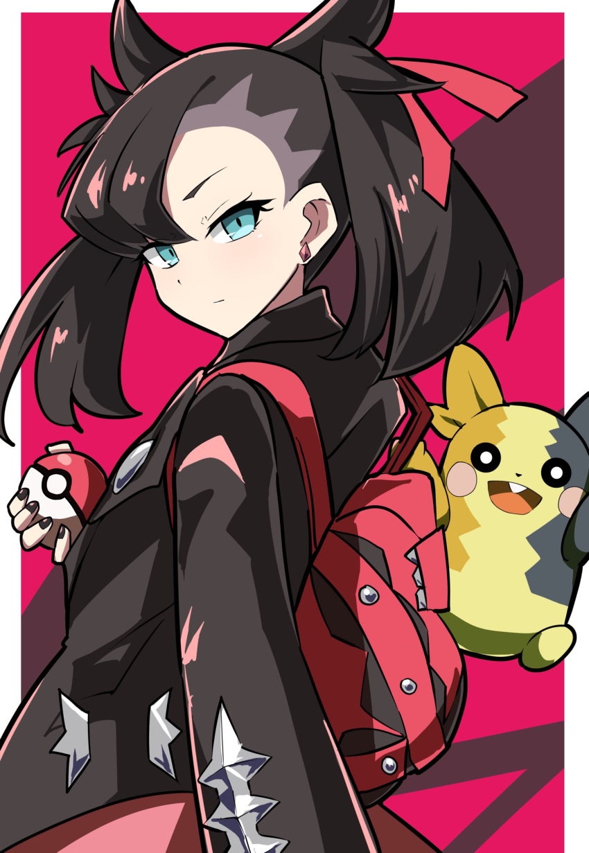 1girl, backpack, bag, black_hair, black_jacket, blue_eyes, earrings, gen_8_pokemon