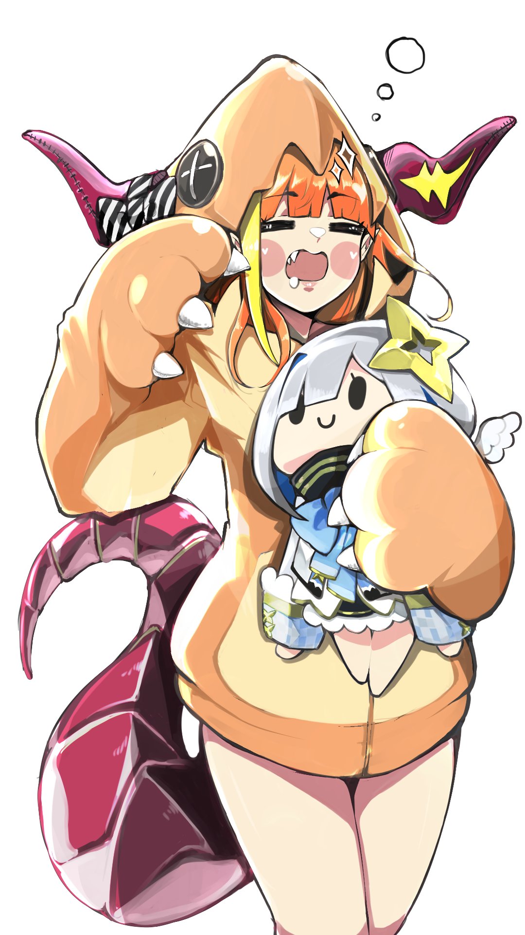 amane_kanata, angel, animal_hood, blonde_hair, blue_hair, colored_inner_hair, dragon_girl, dragon_horns