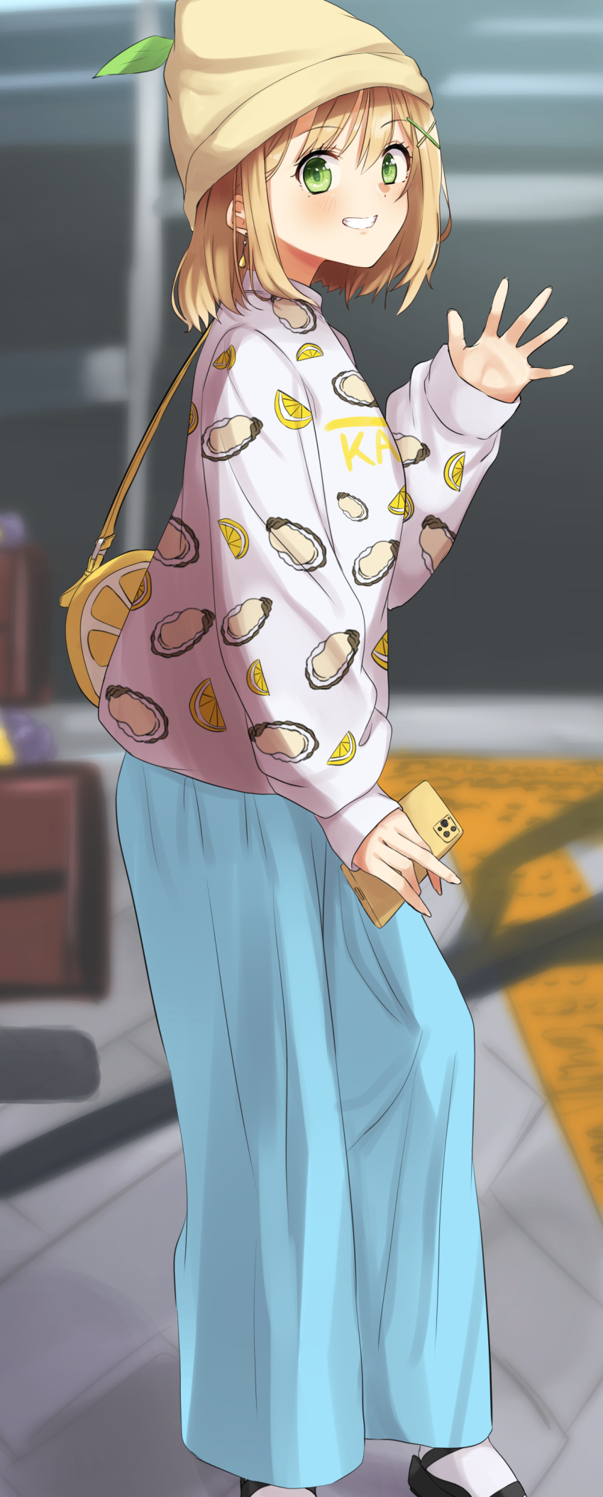 1girl, absurdres, bag, bangs, beanie, black_pants, blush, cellphone