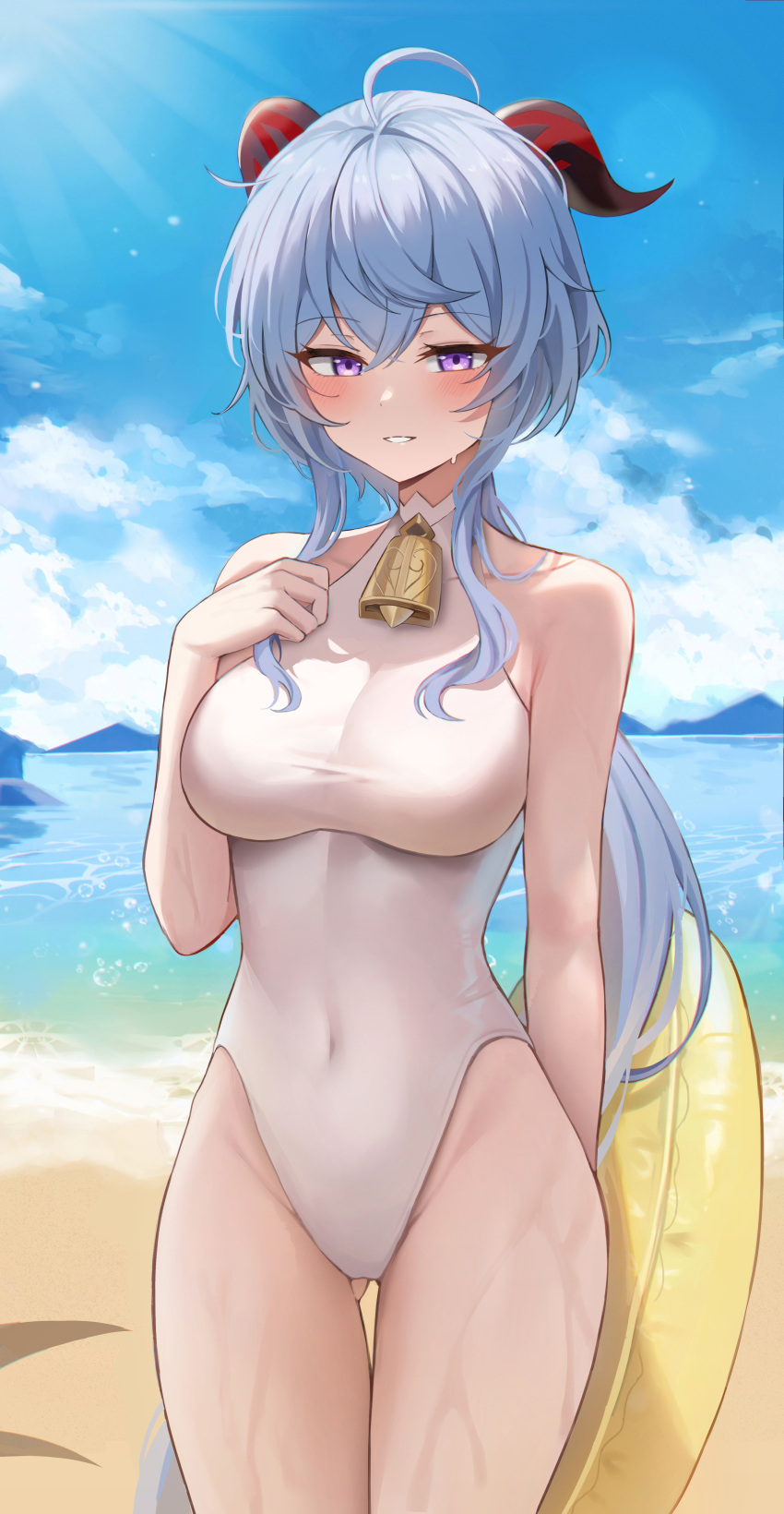 1girl, absurdres, ahoge, bangs, bare_arms, bare_shoulders, beach, bell