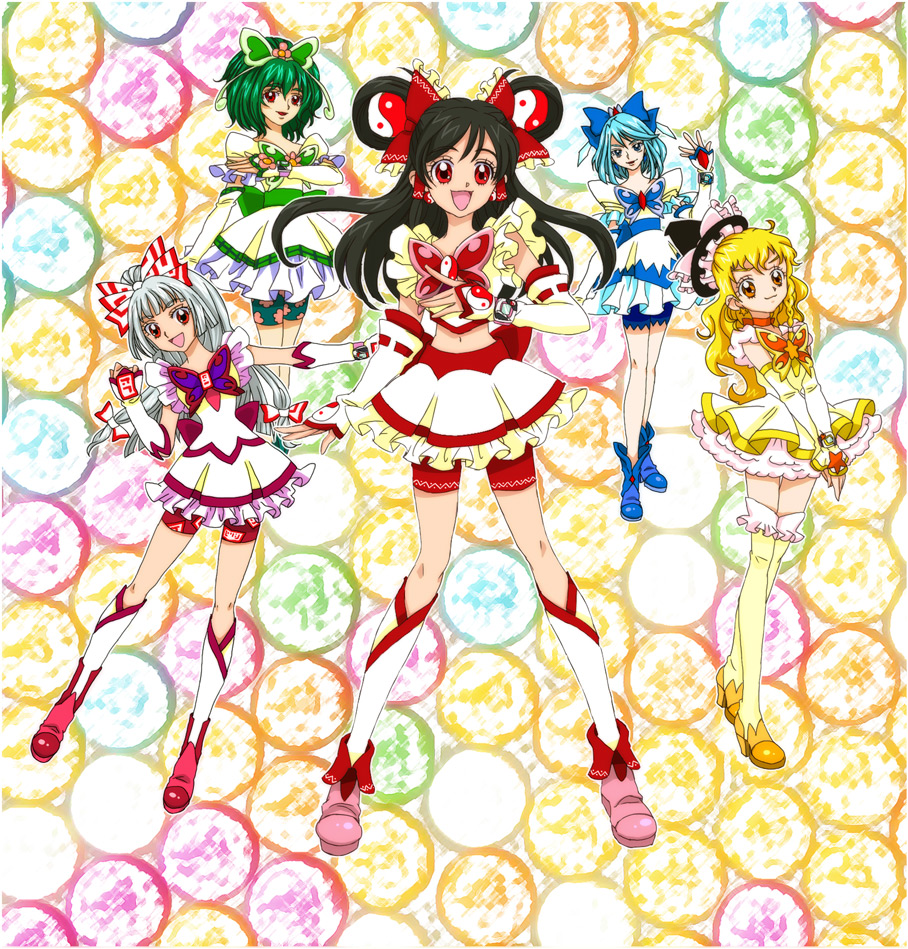 bad_id, black_hair, blonde_hair, blue_hair, boots, cirno, cure_aqua, cure_aqua_(cosplay)