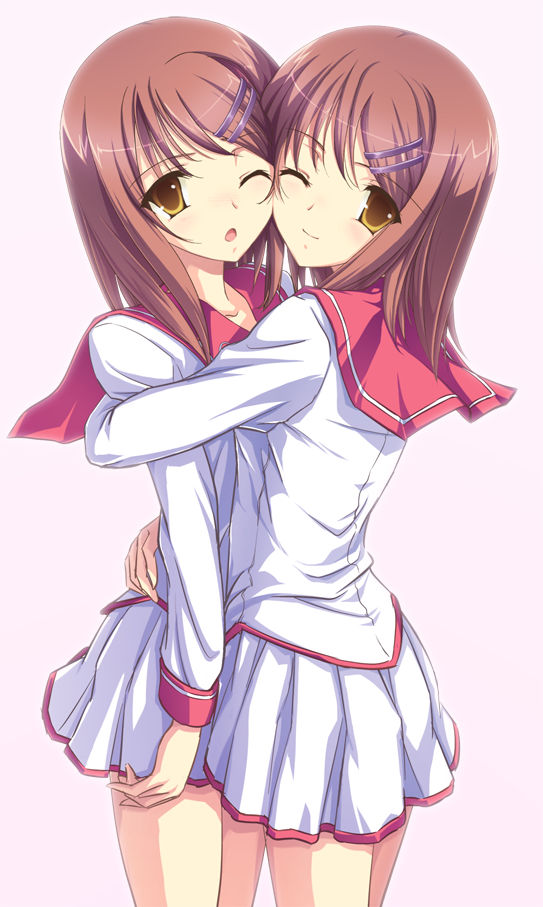 brown_hair, crossdressinging, hair_ornament, hairclip, hana_to_otome_ni_shukufuku_wo, hug, school_uniform, siblings, trap, tsukioka_akiko, tsukioka_akira, twins, uro-g, wink, yellow_eyes