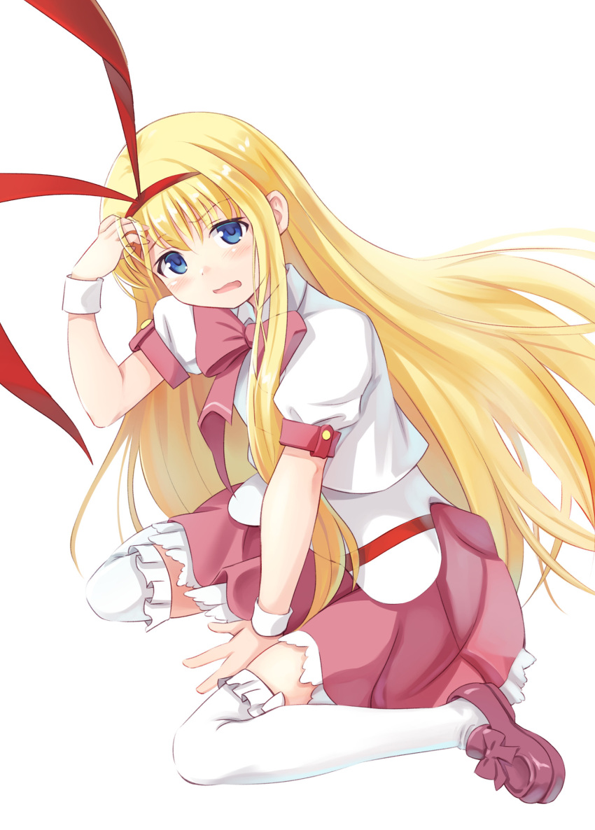 1girl, amae_koromo, arm_support, bangs, blonde_hair, blouse, blue_eyes, commentary