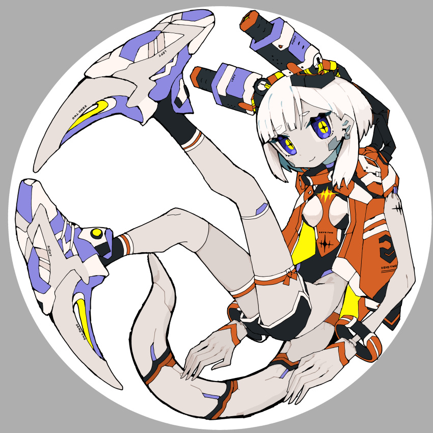 1girl, absurdres, black_legwear, black_shorts, blue_eyes, circle, earrings, eyebrows_visible_through_hair, full_body, highres, jewelry, looking_at_viewer, medium_hair, multicolored_leotard, muzinneki, original, shoes, shorts, smile, socks, solo, tail, white_hair