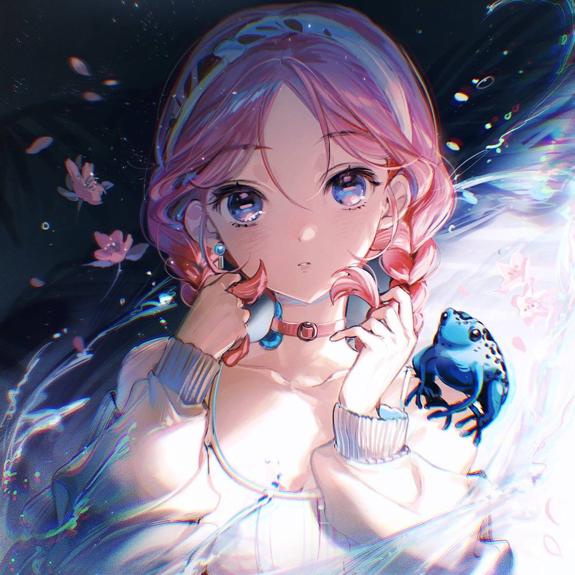1girl, animal_on_shoulder, arknights, bare_shoulders, blue_eyes, blue_poison_(arknights), blue_poison_(shoal_beat)_(arknights), braid