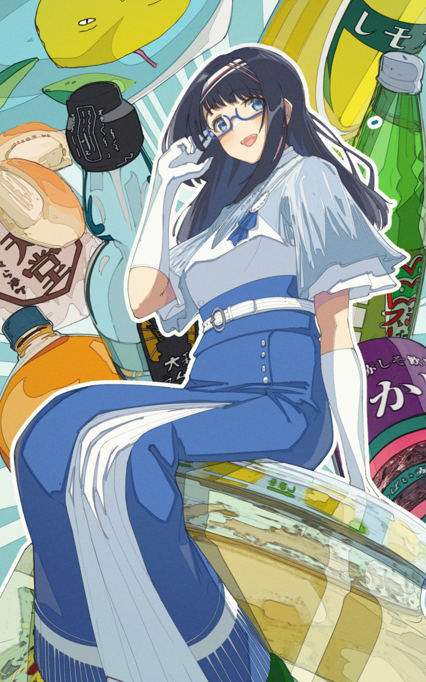 1girl, bangs, belt, bespectacled, black_hair, blue_skirt, blush, bottle