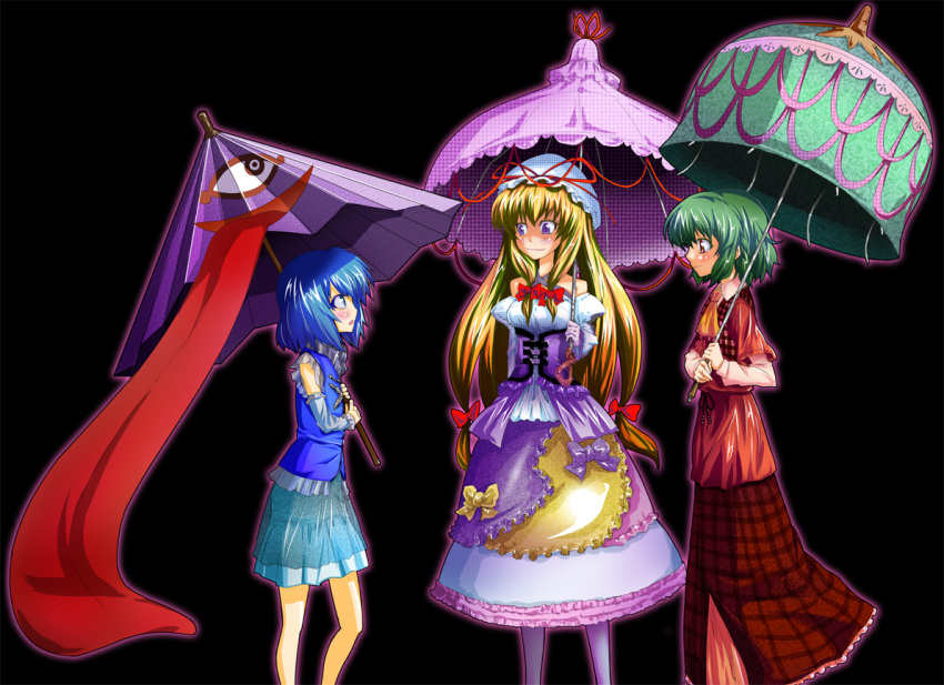 ascot, bare_shoulders, black_background, blonde_hair, blue_hair, detached_sleeves, dress, green_hair