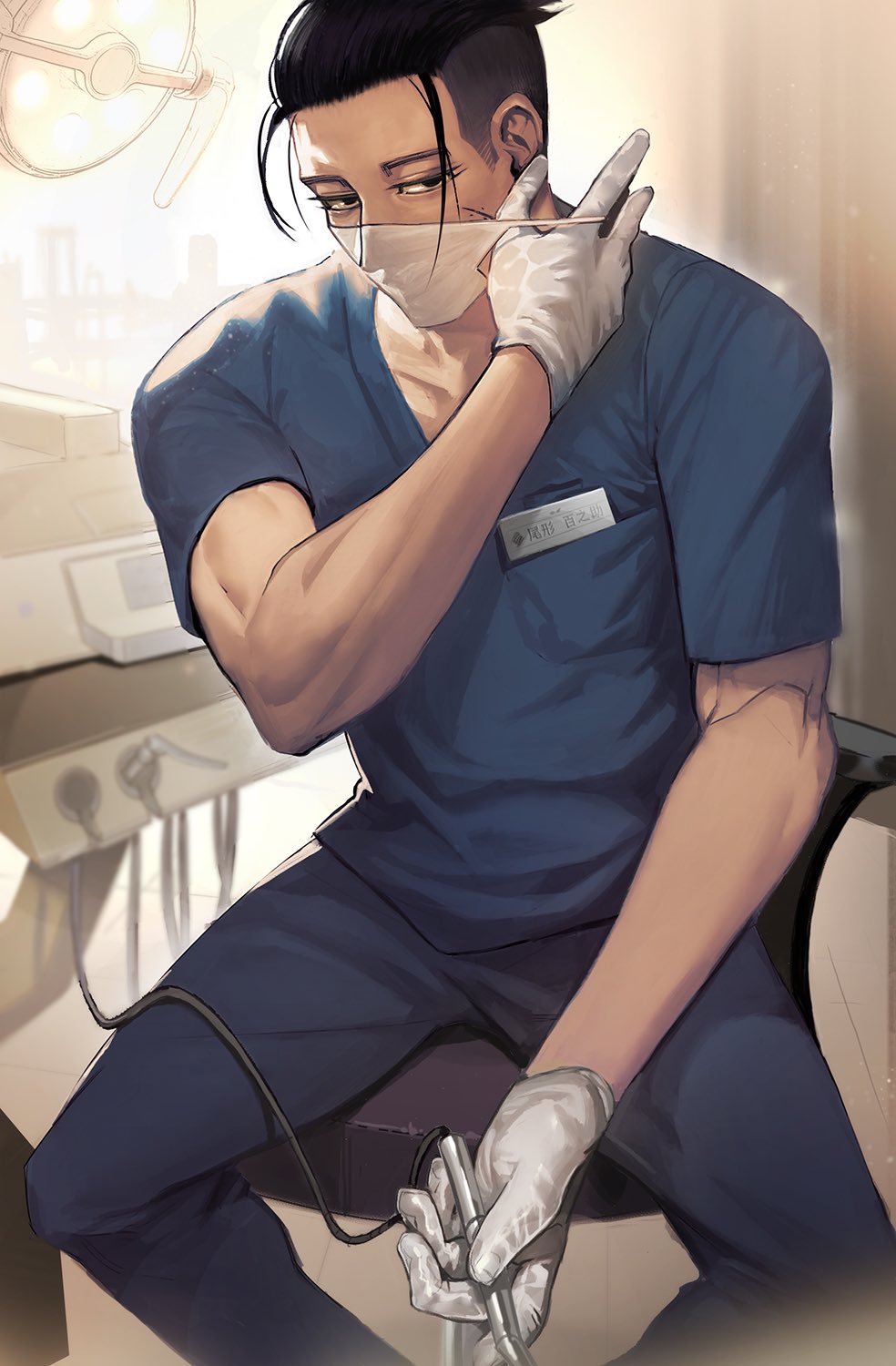 1boy, adjusting_mask, black_eyes, black_hair, blue_shirt, chair, gloves, golden_kamuy