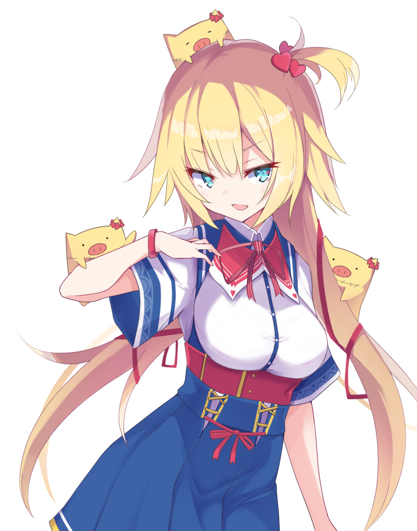 1girl, akai_haato, bangs, blonde_hair, blue_eyes, blue_skirt, breasts, contrapposto