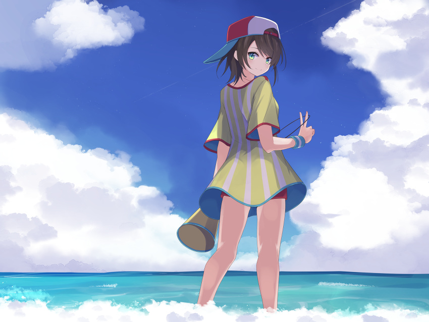 1girl, aqua_eyes, backwards_hat, bangs, baseball_cap, blue_sky, brown_hair, closed_mouth, feet_out_of_frame, full_body, green_eyes, hat, highres, hololive, kneepits, looking_at_viewer, looking_back, loose_clothes, loose_shirt, megaphone, miyaho_concon, ocean, oozora_subaru, oversized_clothes, oversized_shirt, red_headwear, red_shorts, shirt, short_hair, shorts, sky, soaking_feet, solo, striped, striped_shirt, sweatband, swept_bangs, t-shirt, two-tone_headwear, v, vertical-striped_shirt, vertical_stripes, virtual_youtuber, white_headwear, white_shirt, wristband, yellow_shirt
