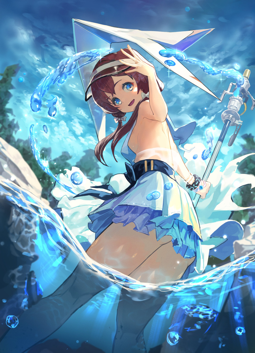 1girl, absurdres, arknights, bannnouyakunta, blue_eyes, blue_sky, bow, brown_hair