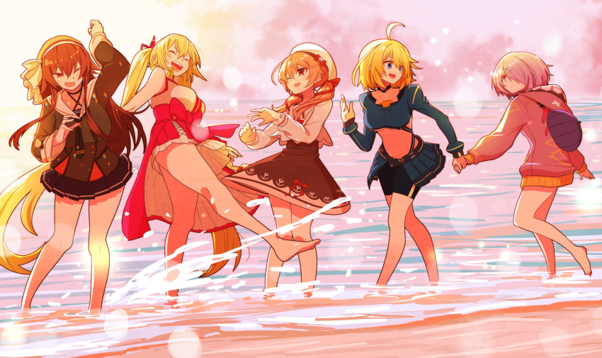 .live, 5girls, beach, blonde_hair, brown_hair, commentary_request, hat, headband