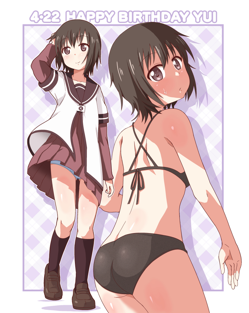 1girl, argyle, argyle_background, ass, bikini, black_bikini, black_legwear, brown_eyes
