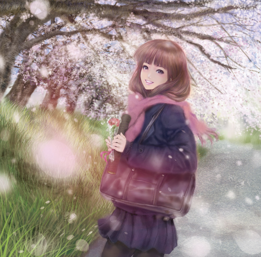 brown_eyes, brown_hair, cherry_blossoms, coat, flower, graduation, mamoru, pantyhose