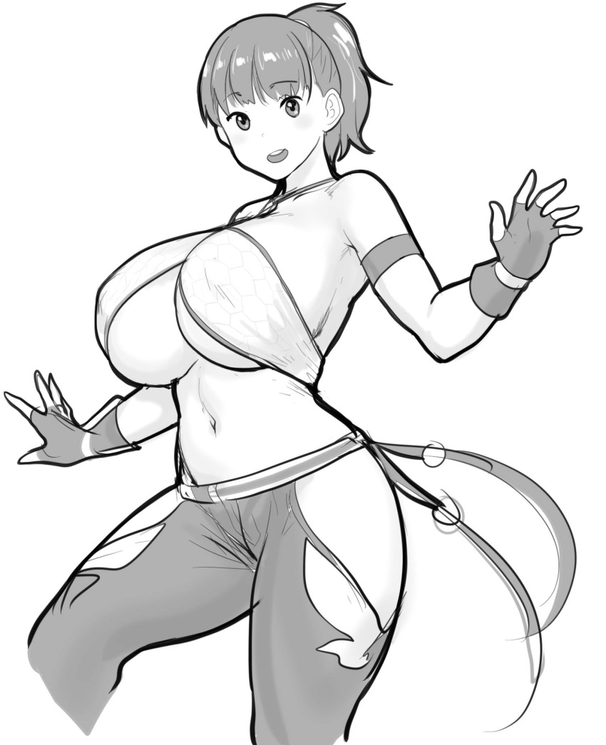 1girl, breasts, christie_monteiro, christie_monteiro_(cosplay), cosplay, erkaz, eyebrows_visible_through_hair, fingerless_gloves, gloves, halter_top, halterneck, highres, huge_breasts, looking_at_viewer, midriff, monochrome, original, pants, ponytail, rina_atherina, smile, standing, tekken, thighs, torn_clothes, torn_pants, under_boob