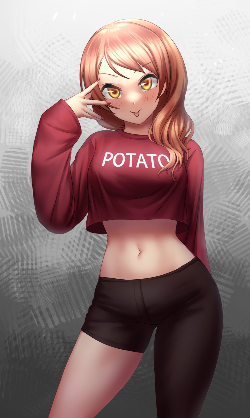 1girl, :p, asymmetrical_clothes, bangs, black_pants, blush, breasts, brown_eyes
