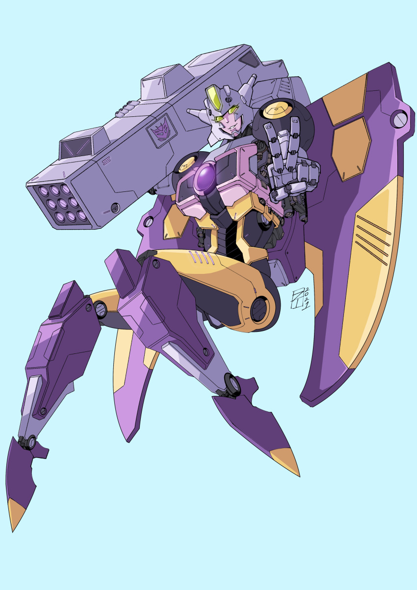 1girl, absurdres, blue_background, commission, decepticon, highres, insignia, lextodrawstuff