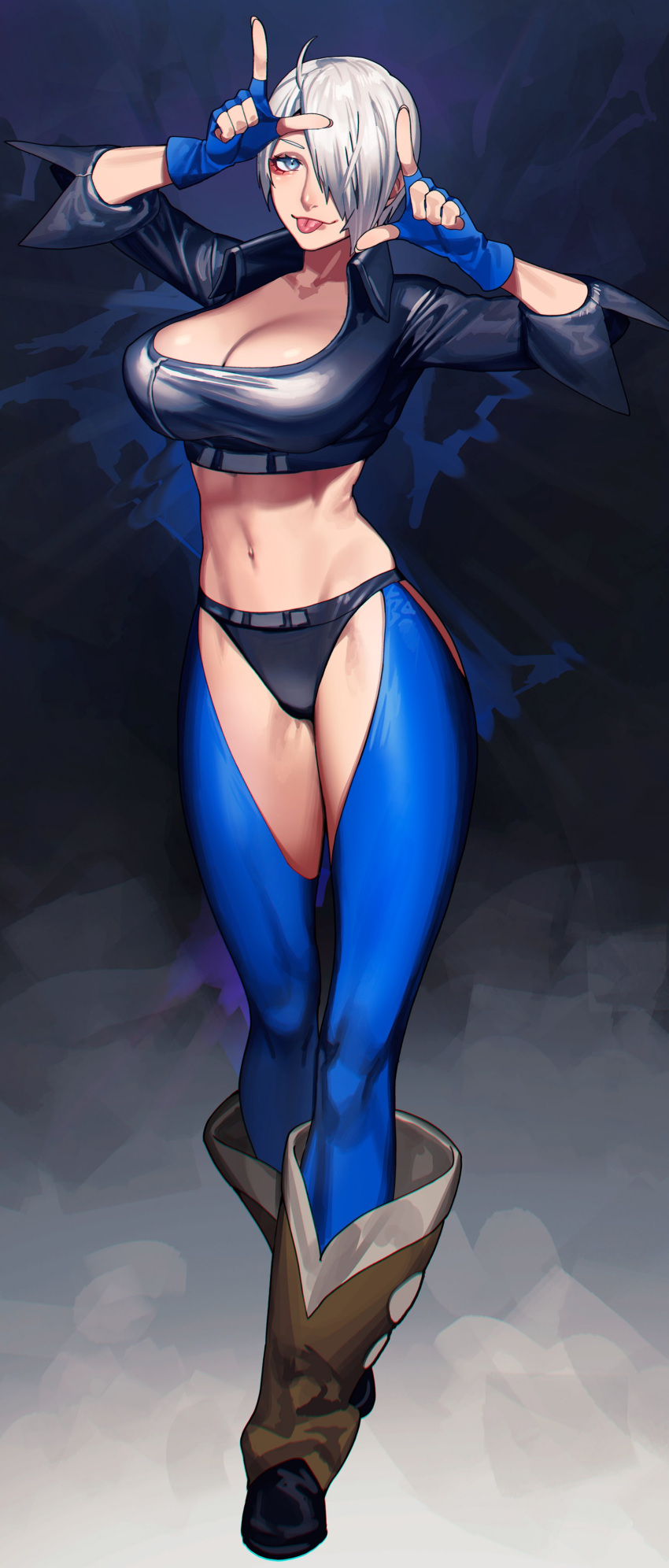 absurdres, angel_(kof), boots, bra, breasts, chaps, cowboy_boots, cropped_jacket