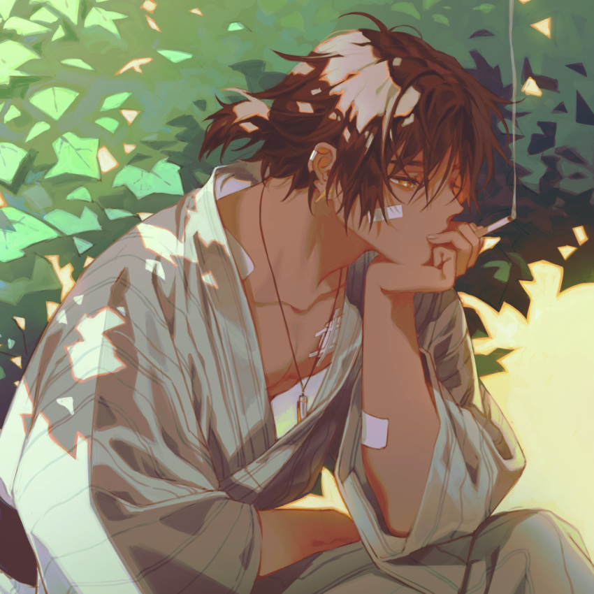 1boy, arknights, bandage_on_face, bandaged_arm, bandages, bangs, brown_hair, bush, cigarette, commentary, dappled_sunlight, dark-skinned_male, dark_skin, english_commentary, hand_on_own_chin, head_rest, highres, holding, holding_cigarette, japanese_clothes, jewelry, kimono, male_focus, manjyufroth, necklace, outdoors, ponytail, short_ponytail, sitting, smoke, smoking, solo, sunlight, thorns_(arknights), upper_body, yellow_eyes, yukata