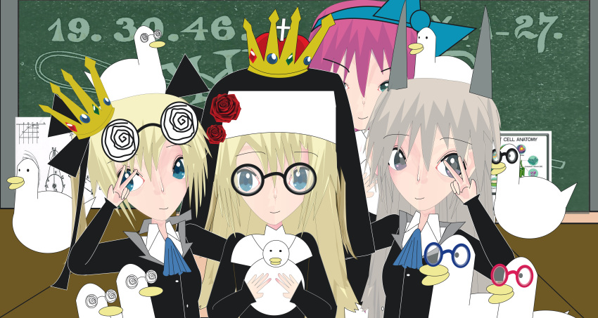 absurdres, bird, blue_eyes, copyright_request, crown, duck, duckling, edelgardaznable, glasses, grey_eyes, highres, multiple_girls, mylifeinheavenhold, nun, self_upload, stellareshavalentine