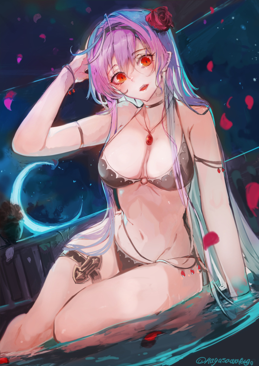 1girl, bangs, bikini, black_bikini, black_choker, bracelet, breasts, choker