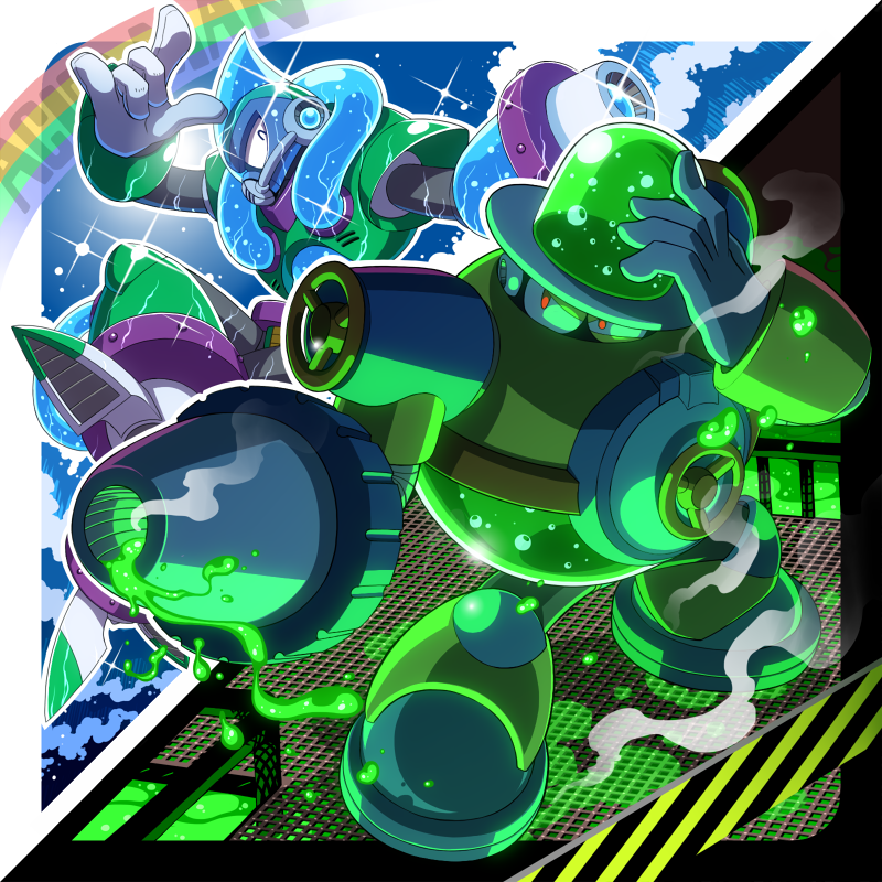2boys, \m/, acid_man, android, aqua_man_(mega_man), arm_cannon, armor, border, bubble, closed_eyes, commentary_request, dripping, gloves, hand_up, mega_man_(classic), mega_man_(series), mega_man_11, mega_man_8, multiple_boys, napo, rainbow, red_eyes, robot, smoke, sparkle, split_screen, standing, water, water_drop, waves, weapon, white_gloves