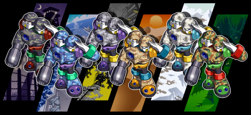 1boy, aircraft, airplane, alternate_color, android, animal, arm_cannon, arm_up, armor, barbed_wire, bird, boots, building, camouflage, commentary_request, crescent_moon, fence, fire, helmet, male_focus, mega_man_(classic), mega_man_(series), mega_man_8, moon, mountain, multiple_heads, napo, night, night_sky, ocean, outline, plant, search_man, searchlight, ship, sky, standing, star_(sky), starry_sky, variations, vines, watercraft, weapon, white_outline