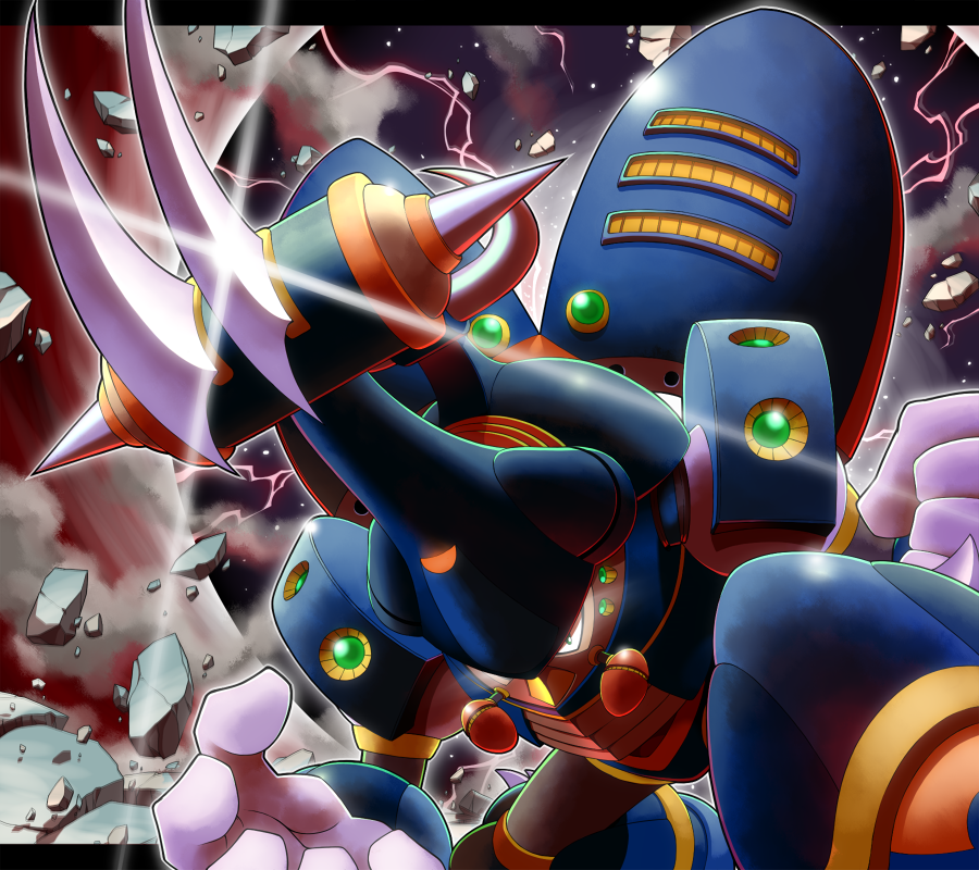 1boy, armor, clenched_hand, commentary_request, debris, electricity, glint, gloves