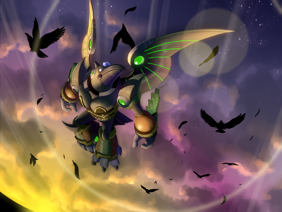 1boy, android, animal, armor, arms_at_sides, beak, bird, black_feathers