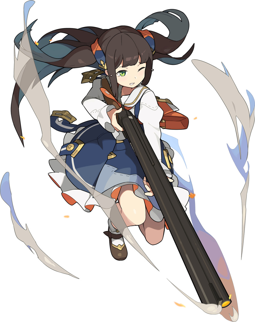 1girl, artist_request, bag, bangs, blue_dress, blush, brown_footwear, brown_hair