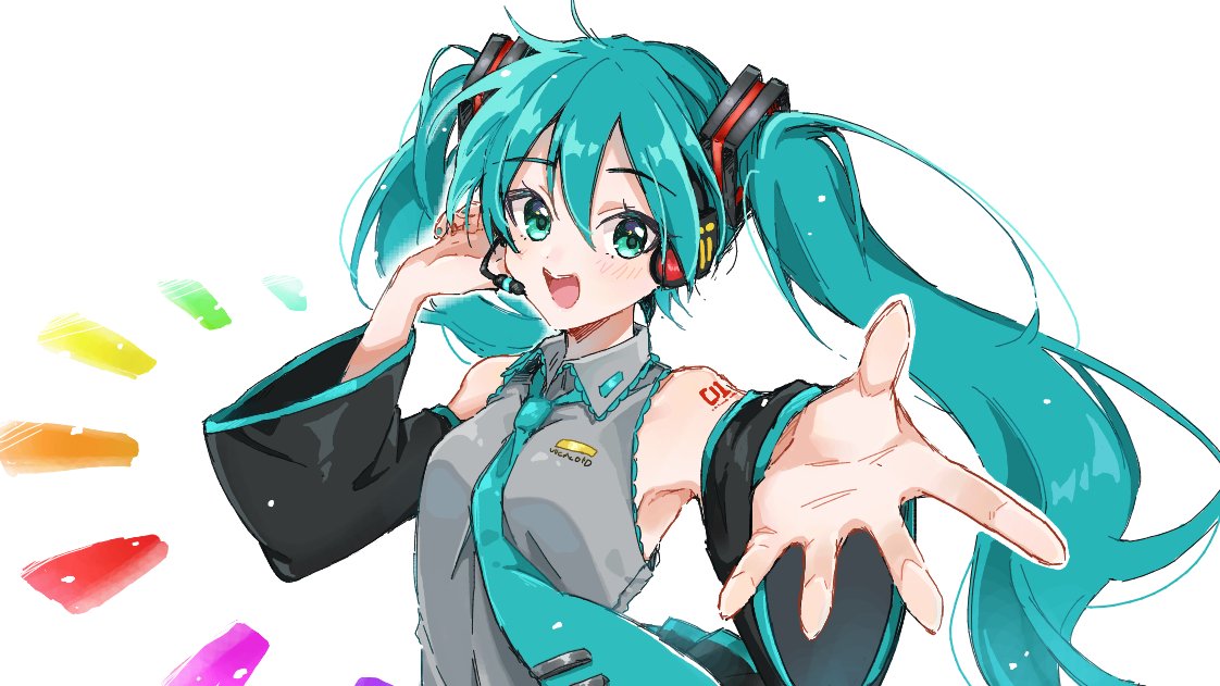 1girl, aqua_eyes, aqua_hair, aqua_nails, aqua_neckwear, between_breasts, breasts, collared_shirt