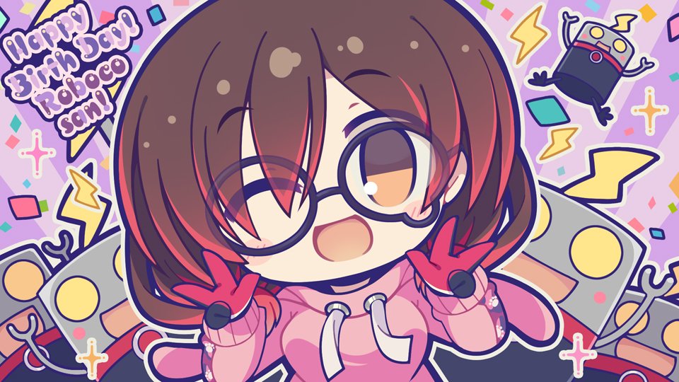 1girl, android, bangs, breasts, brown_eyes, brown_hair, chibi, commentary_request