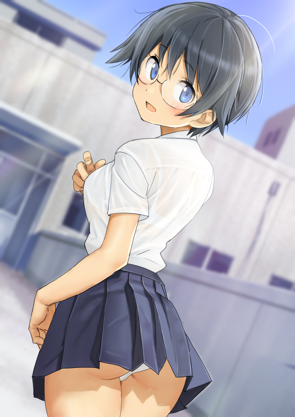 1girl, ass, black_hair, blue_eyes, blurry, blurry_background, blush, bra_through_clothes