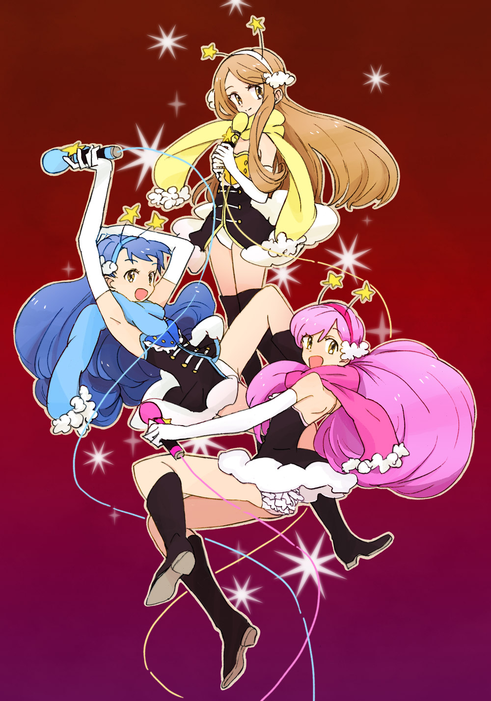 3girls, bangs, black_footwear, blue_hair, blue_scarf, boots, brown_eyes, brown_hair
