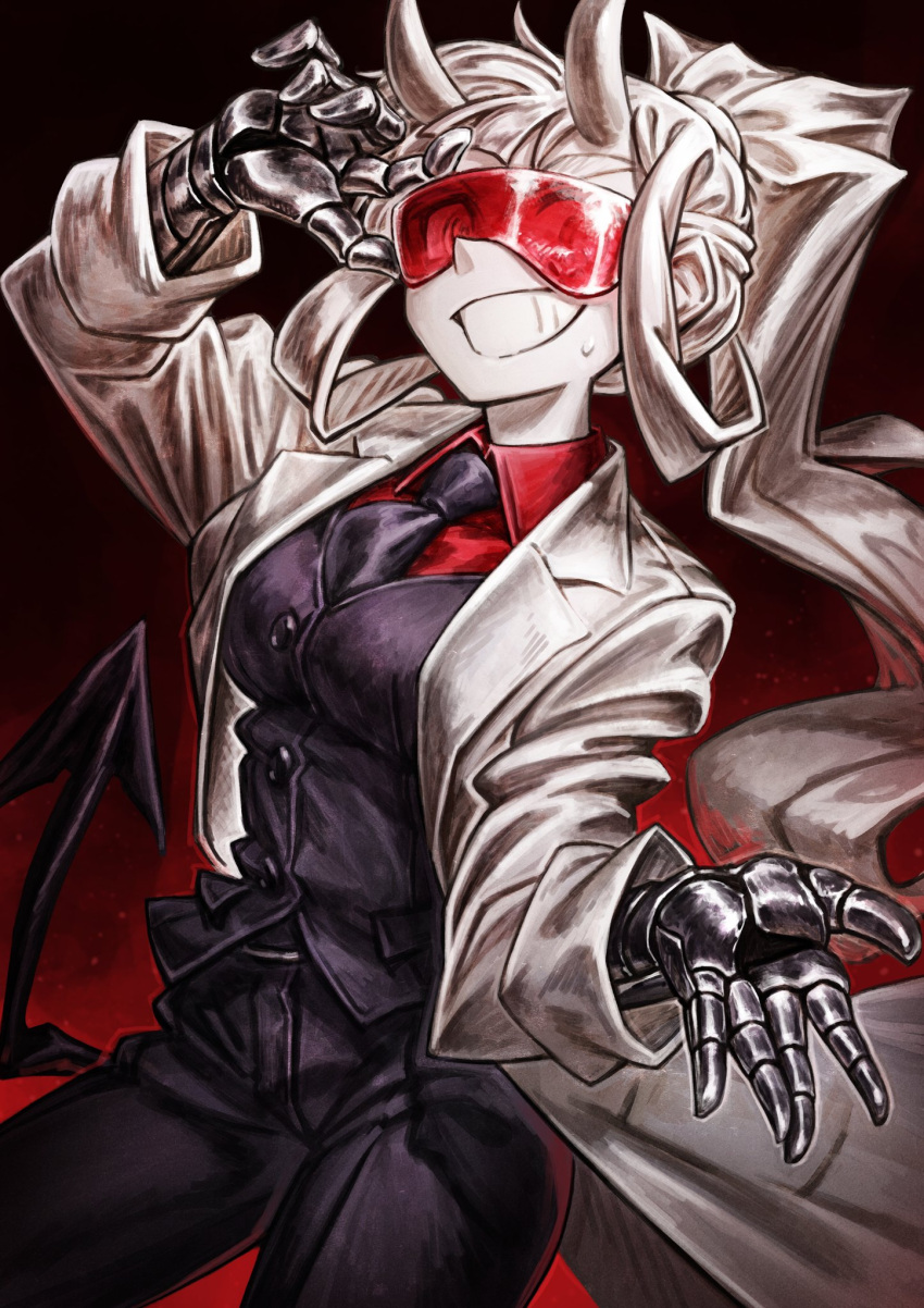 1girl, bangs, black_neckwear, black_pants, black_vest, breasts, demon_girl, demon_tail
