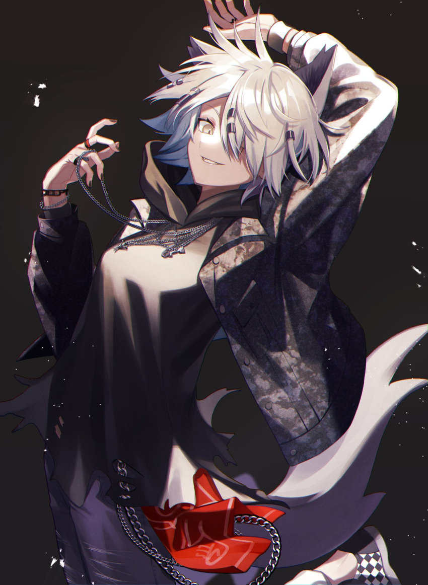 1girl, animal_ears, arknights, arm_above_head, bangs, checkered_shoes, geta_(epicure_no12), grey_eyes, grey_jacket, hair_ornament, hair_over_one_eye, hairclip, hand_up, highres, jacket, lappland_(ambience_synesthesia)_(arknights), lappland_(arknights), long_sleeves, looking_at_viewer, official_alternate_costume, one_eye_closed, open_clothes, open_jacket, pants, parted_lips, print_jacket, purple_pants, scar, scar_across_eye, sharp_teeth, shoes, short_hair, silver_hair, smile, solo, symbol_commentary, tail, teeth, wolf_ears, wolf_girl, wolf_tail, wristband